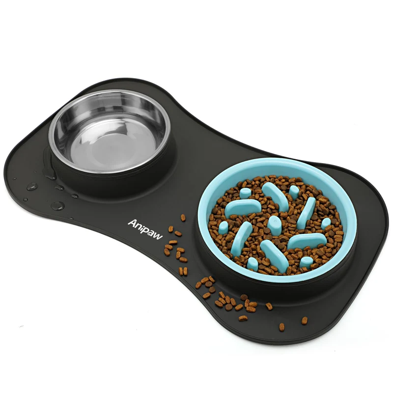 Anipaw Bol ralentisseur 3-en-1 en inox et silicone – Gamelles pour chien et chat (gris bleu)