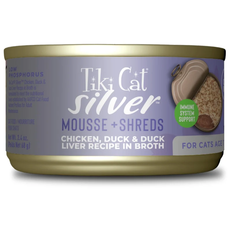 Tiki Cat Silver Comfort Mousse et Shreds – Senior 11+, Poulet & Canard, Foie, 12 boîtes de 68 g