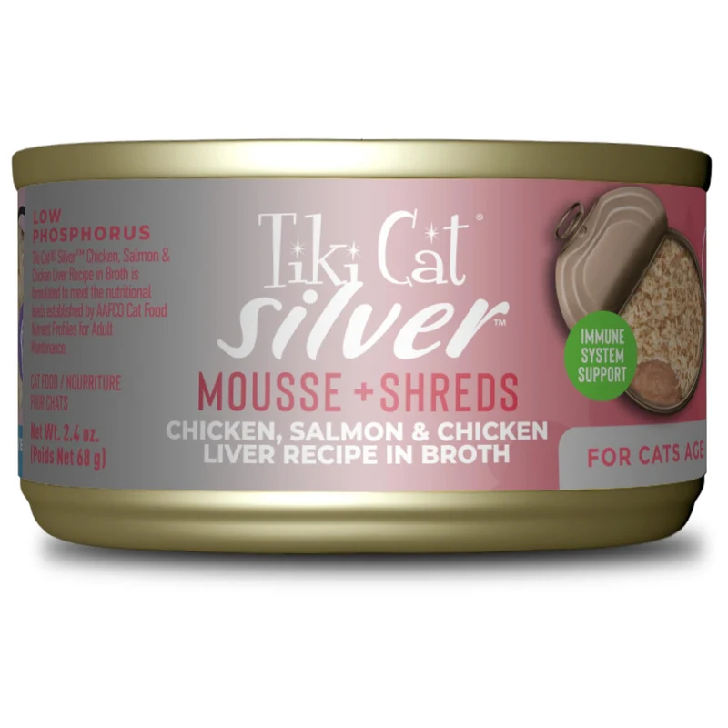 Tiki Cat Silver Comfort Mousse et Émiettés – Poulet, Saumon et Foie pour Chats Seniors 11+, Nourriture Humide en Boîtes 2,4 oz (Paquet de 12)