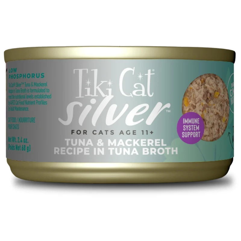 Tiki Cat Silver Comfort Mousse + Shreds – Thon et Maquereau dans Bouillon pour Chats Seniors 11+ (12 x 68 g)