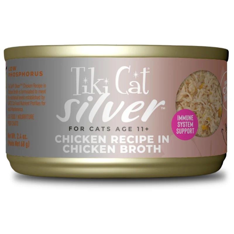 Tiki Cat Silver Comfort Shreds – Poulet en Bouillon pour Chats Seniors 11+ | Aliment Humide Senior, 2,4 oz (Pack de 12)