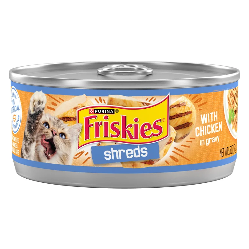 Purina Friskies Shreds au poulet dans une sauce onctueuse – Boîtes de 156 g (pack de 24) pour chats adultes