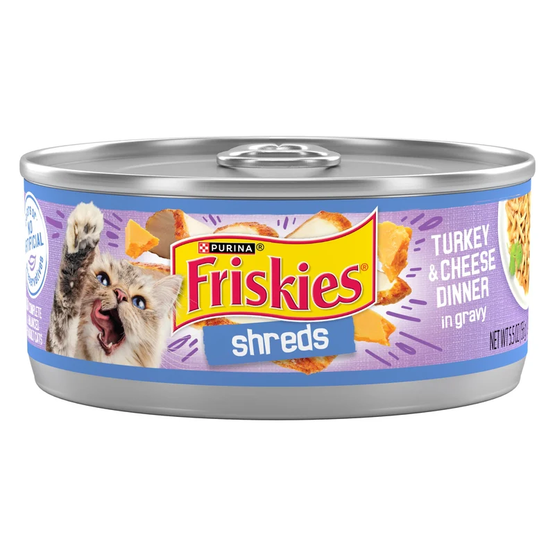 Purina Friskies Shreds Dinde et Fromage Dîner en Gravy – Nourriture humide pour chat adulte, haute teneur en protéines, lot de 24 boîtes de 156 g (5,5 oz)