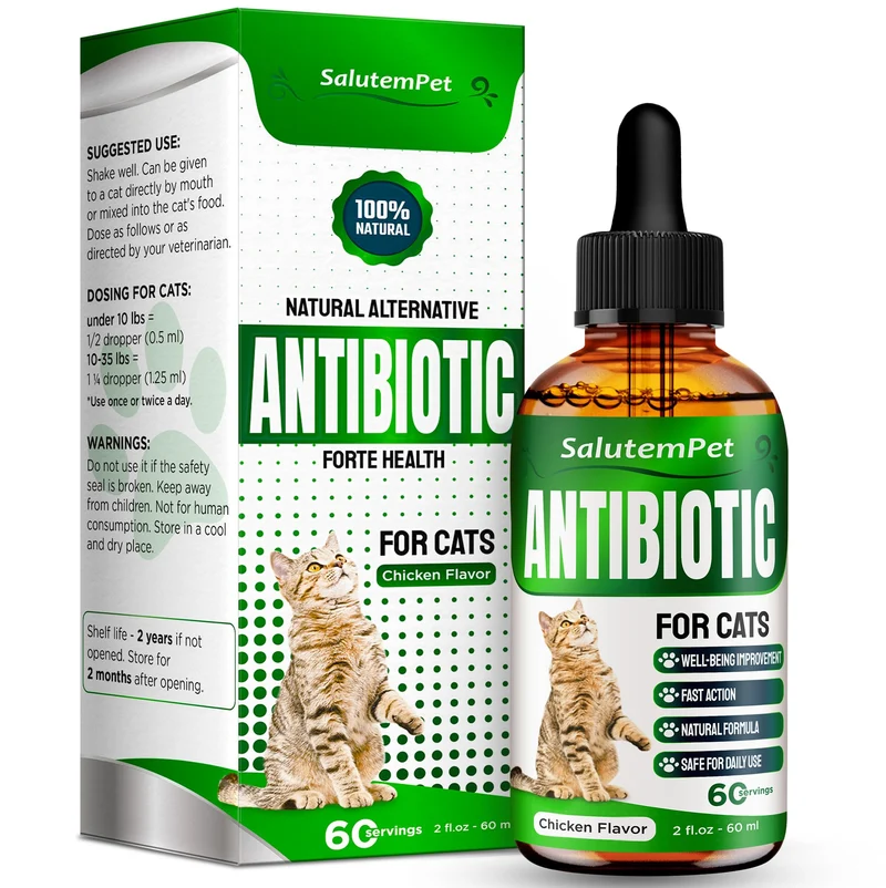 SalutemPet – Antibiotique naturel pour chats en liquide | Infections, infections urinaires, voies respiratoires, rhume et allergies | Goût poulet | 2 oz