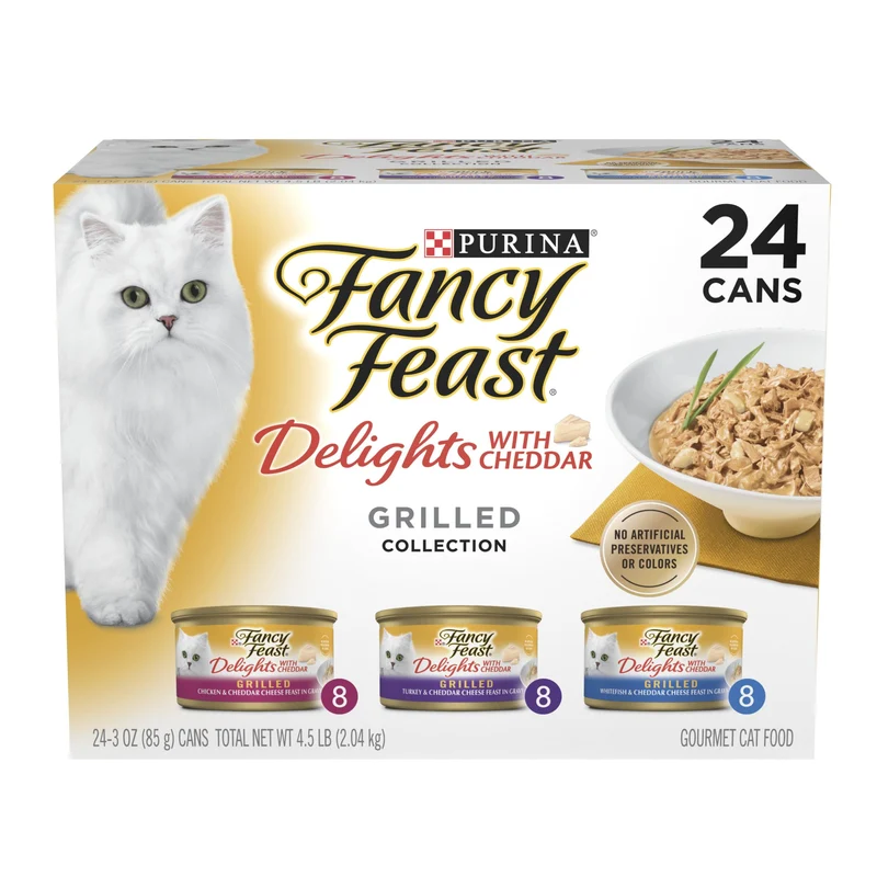 Fancy Feast Délices avec Cheddar – Poulet Grillé, Dinde ou Poisson Blanc en Sauce, Lot de 24 × 3 oz