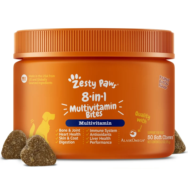 Zesty Paws Multivitamines pour Chien – Bouchées Goût Beurre de Cacahuète, Hanches & Pelage, Oméga-3, 50 comprimés