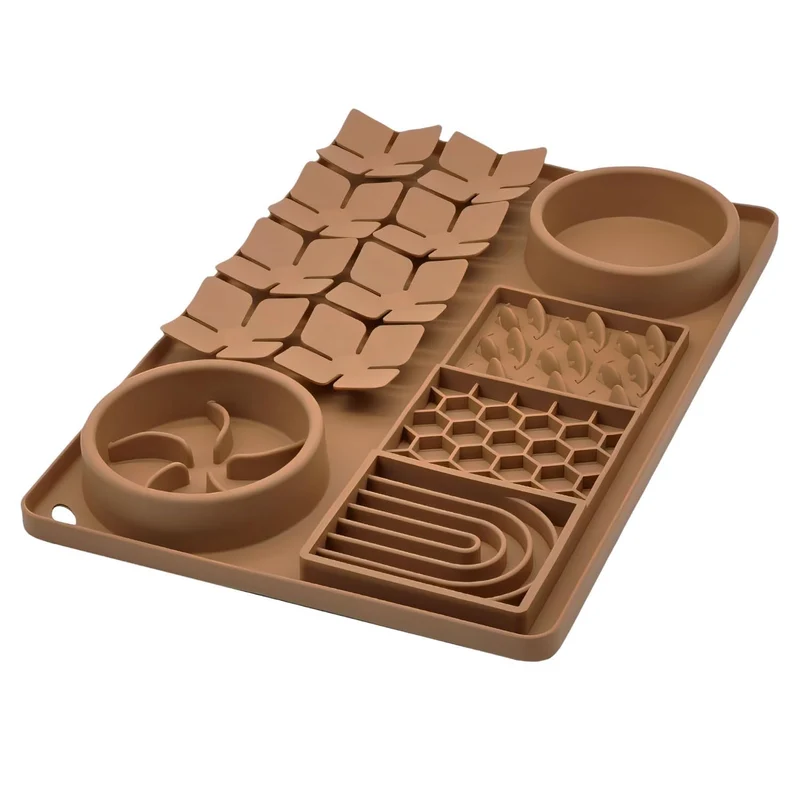 Evenco Bol ralentisseur et Tapis de léchage en silicone — 4-en-1, ventouses, marron