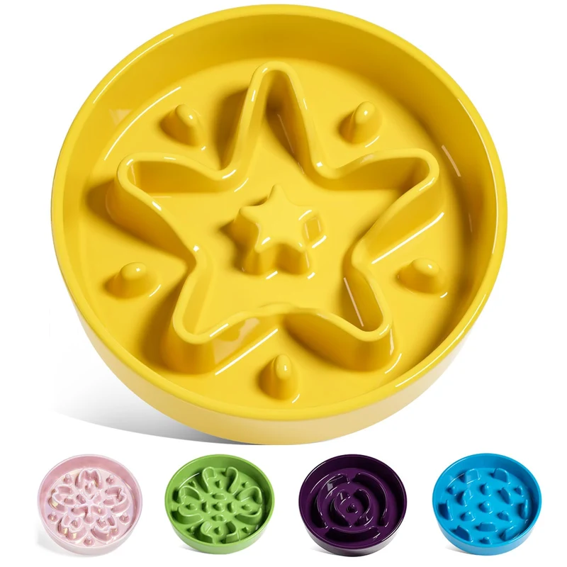 LE TAUCI Gamelle lente en céramique pour chiens — 1,5 tasses, chiots, jaune étoilé