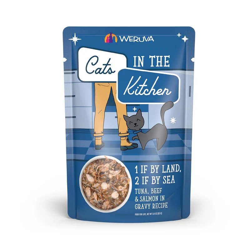 Weruva Chats Dans La Cuisine – 1 par Terre, 2 par Mer : Thon, Boeuf et Saumon en Sauce, Sachets de 3oz (Lot de 12)