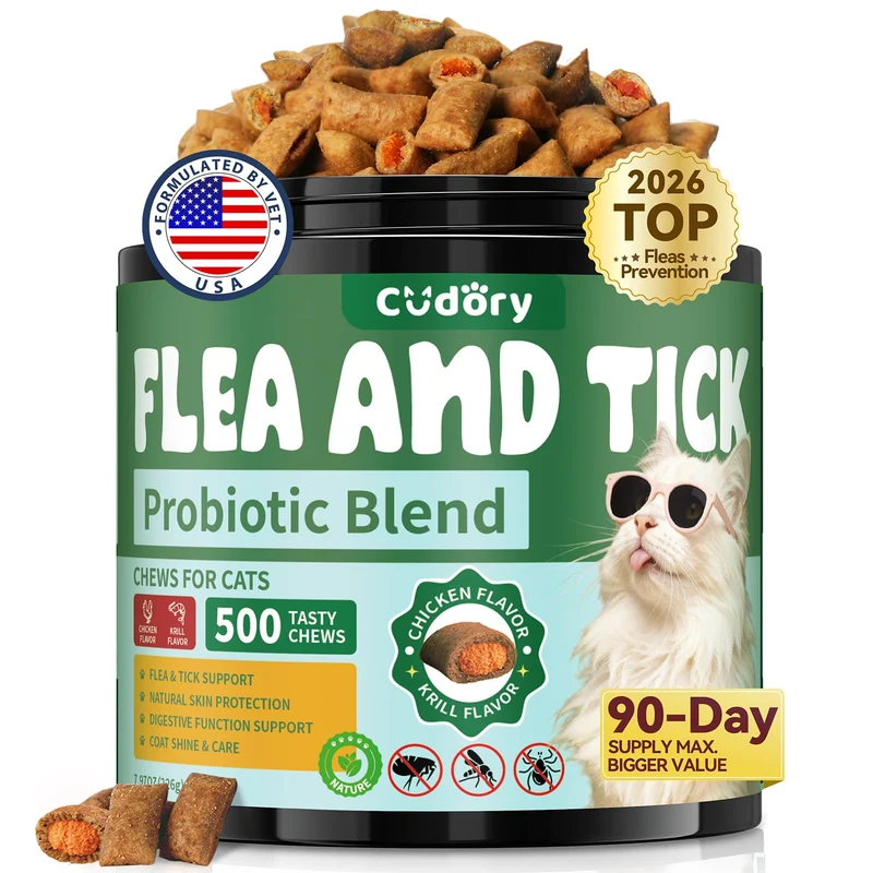 Cudory – Prévention Puces et Tiques pour Chats | 500 Bouchées Probiotiques au Poulet et Krill