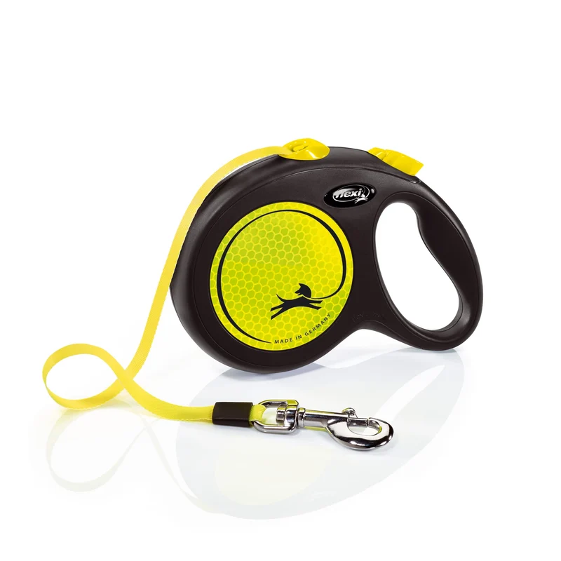 FLEXI Laisse rétractable Neon Tape pour grands chiens jusqu’à 50 kg (110 lb) – 16 pieds, Jaune Néon/Noir | Freinage à une main, Pause, Verrouillage | Qualité allemande