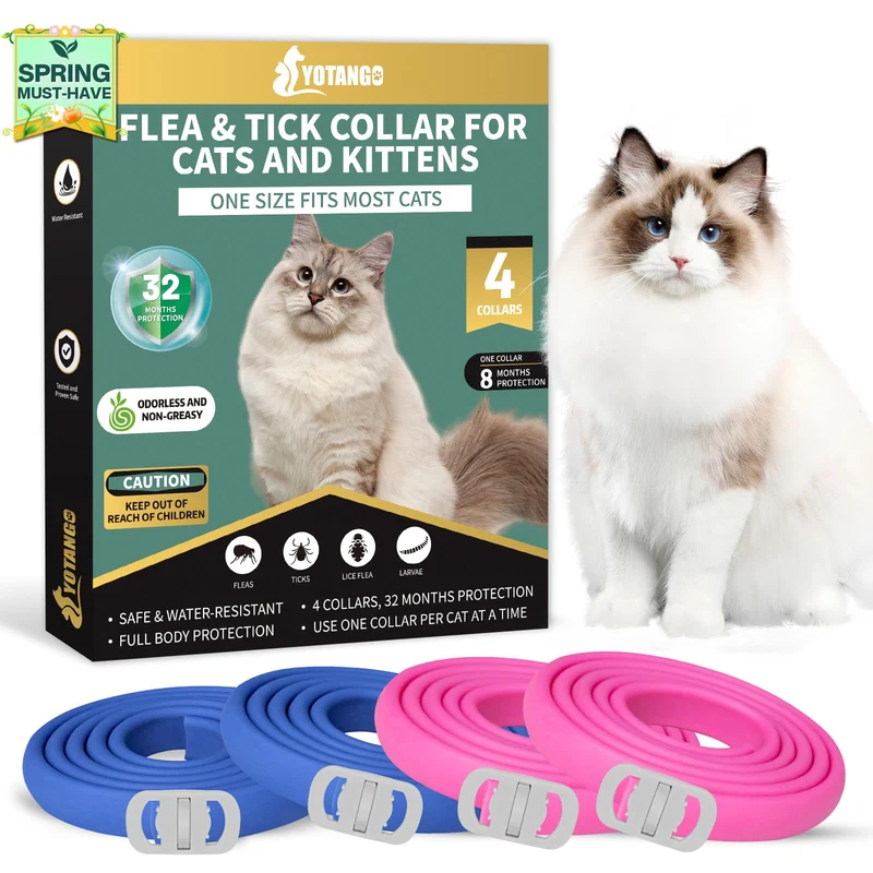 YOTANGO – 4 colliers antiparasitaires pour chats (bleu & rose) – Puces et tiques, étanches, protection jusqu’à 32 mois