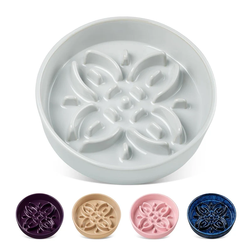 vancasso Gamelle en céramique à alimentation lente pour chiens – Labyrinthe floral, anti-glisse, 0,6 tasse, Gris cyan
