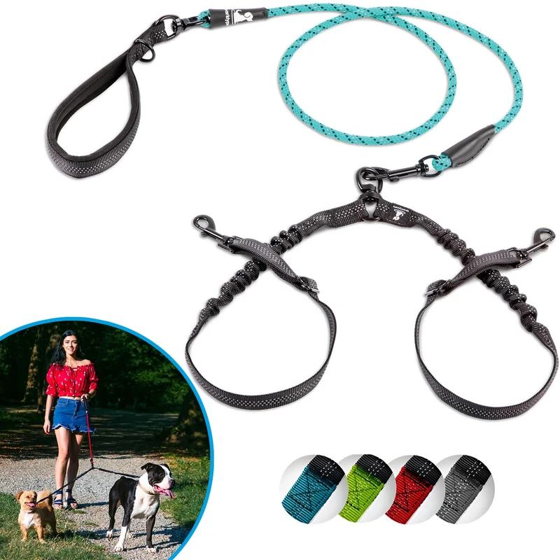 SparklyPets – Laisse élastique double pour deux petits chiens – sans enchevêtrement, poignées douces, ajustable