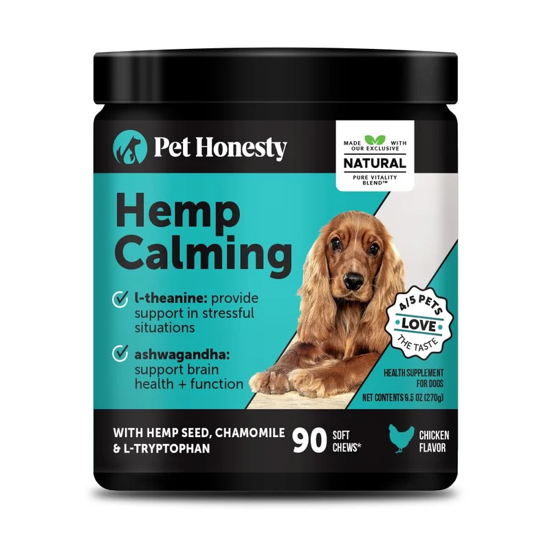 Pet Honesty – Gommes apaisantes au chanvre pour chiens – Calme occasionnel avec valériane, camomille et magnésium – Poulet, 90 comprimés