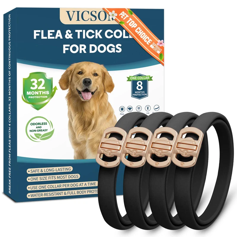 VICSOM Collier Anti-Puces et Tiques pour Chiens – Lot de 4, 32 Mois, Etanche, Reglable jusqu'a 65 cm