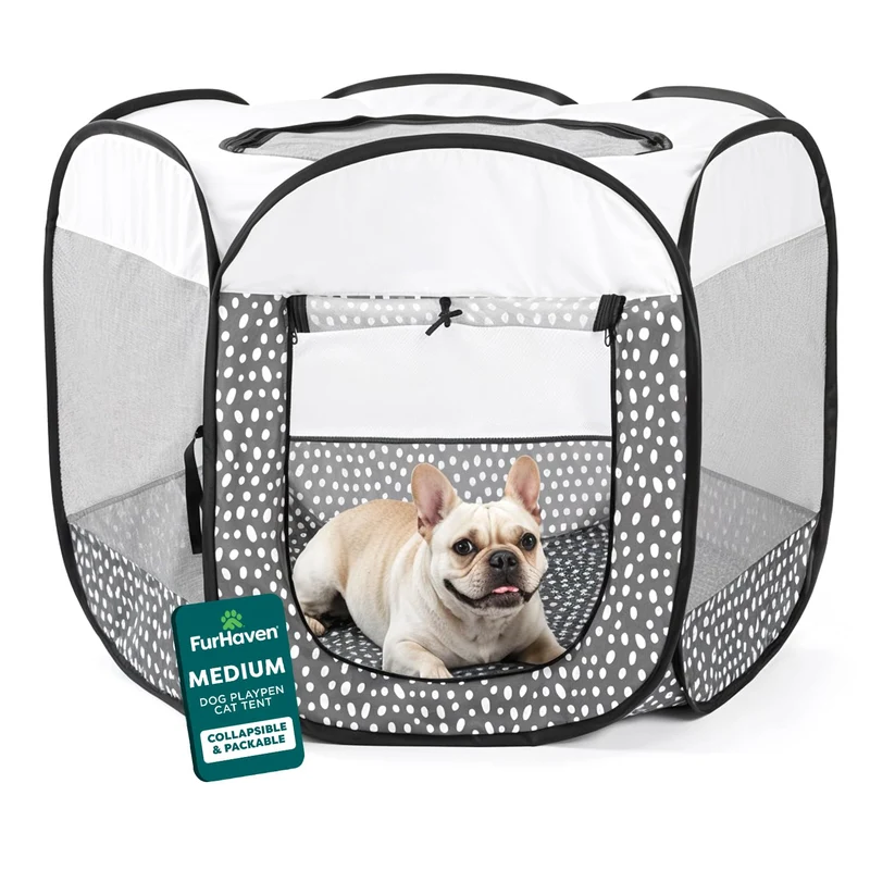 FurHaven Parc Portable pour Chiens et Chats – Pliable, Parois Mesh 360°, Usage Intérieur/Extérieur, Taille Moyenne Gris Pebbles