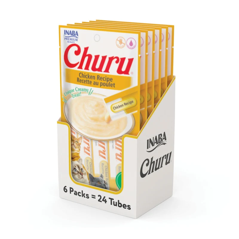 INABA Churu – Purée crémeuse à lécher sans céréales pour chat, poulet, Taurine & Vitamine E – 24 tubes (4 paquets)