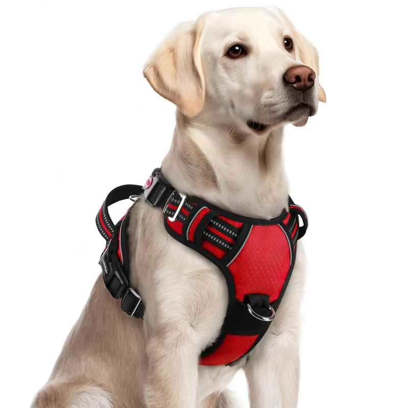 rabbitgoo Harnais pour Chiens Grands — Anti-Tirage, 3 Boucles, Poignée Haute, Réglable, Bandes Réfléchissantes Rouge