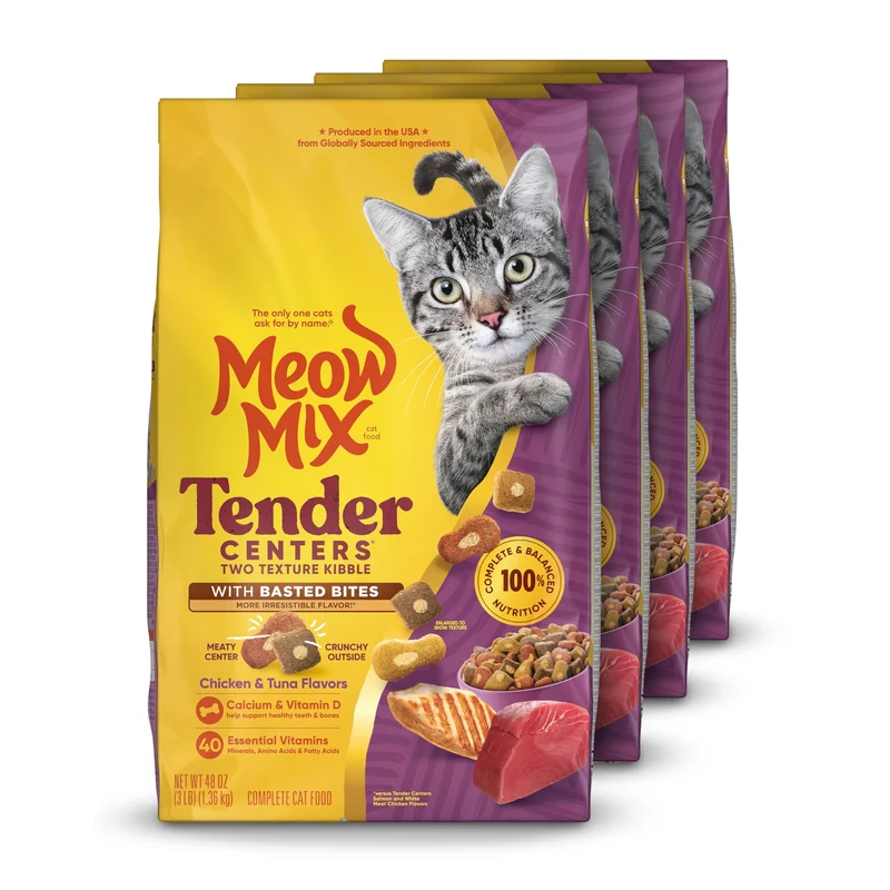 Meow Mix Tender Centers – Basted Bites au Poulet & Thon, Croquant-Cœur, Sac de 3 lb, Lot de 4