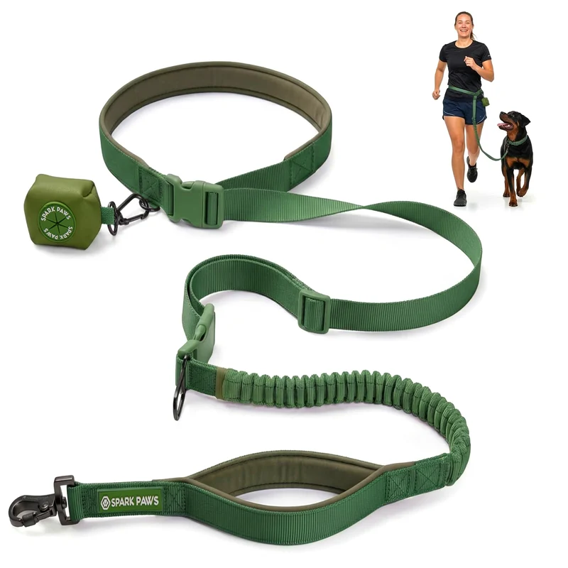 Spark Paws Laisse Sans Mains – Absorbe-Chocs, Clip Ceinture et Poignée Double pour Chiens Moyens à XL – Army Green