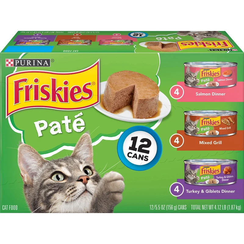 Purina Friskies – Assortiment Pâté pour chat humide : saumon, dinde et abats, grill varié (2 packs de 12 boîtes de 5,5 oz)