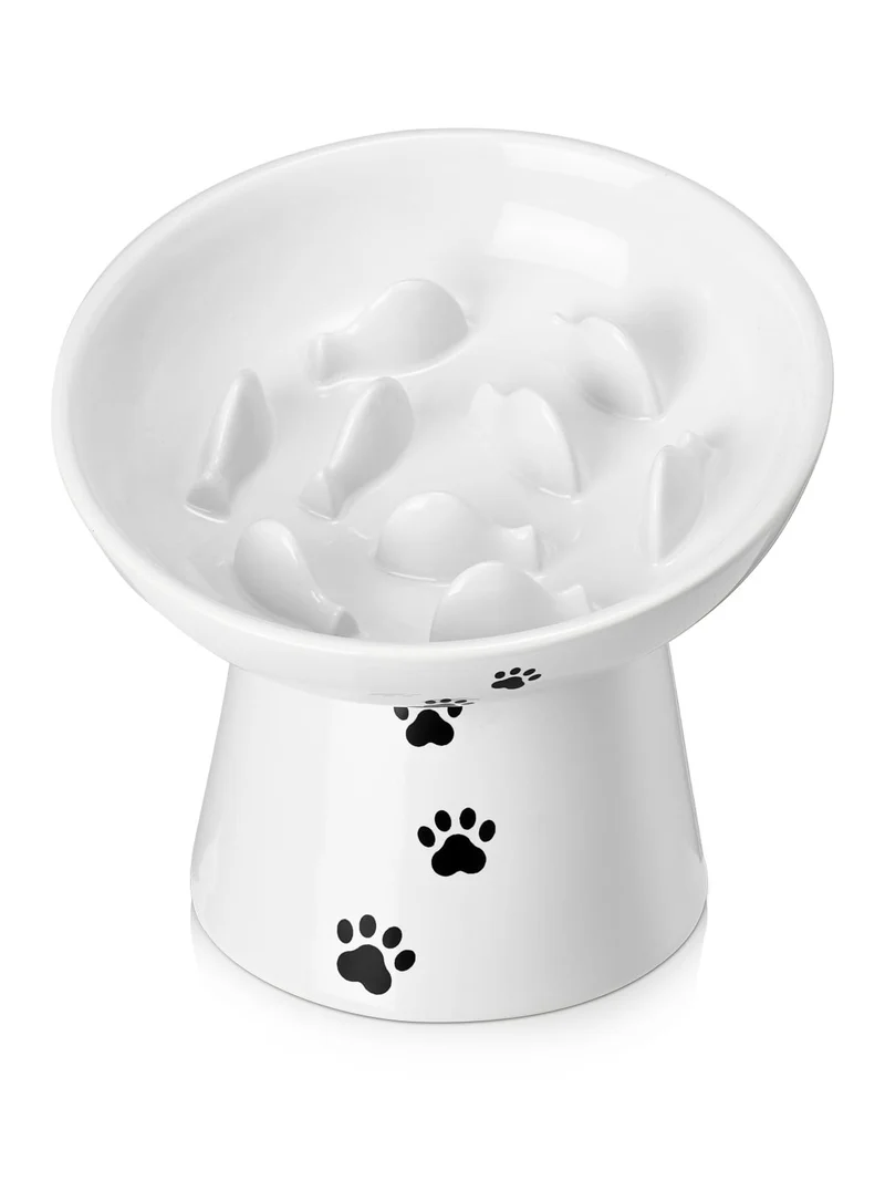 Y YHY Bol Chat Alimentateur Lent en Céramique — Élevé, Anti Vomitif, 6 pouces, Pour Croquettes et Pâtée, Blanc