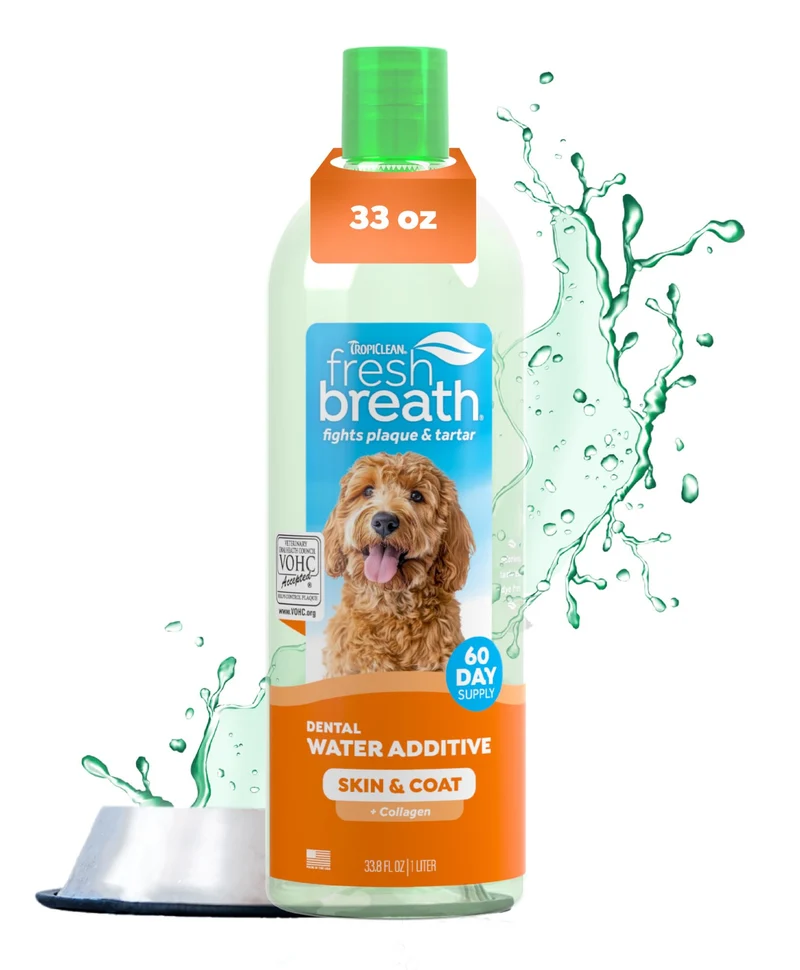 TropiClean Additif eau haleine pour chiens – haleine fraîche, collagène et peau saine, 33,8 oz