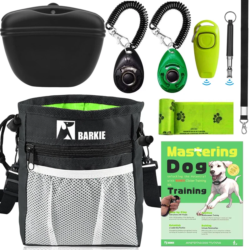 Kit Dressage Barkie pour Chien – Sac friandises, Clickers, Sifflet Ultrasonique, Guide et Sacs à crottes (Noir)