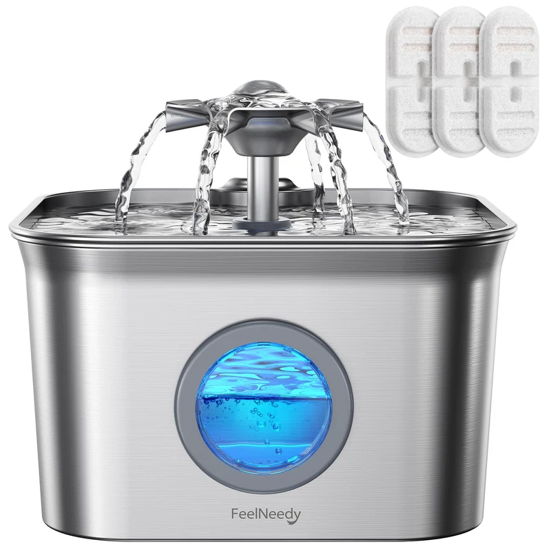 FEELNEEDY Fontaine pour chat en inox 2,8 L – pompe ultra-silencieuse 20 dB, fenêtre de niveau, lave-vaisselle, 3 filtres