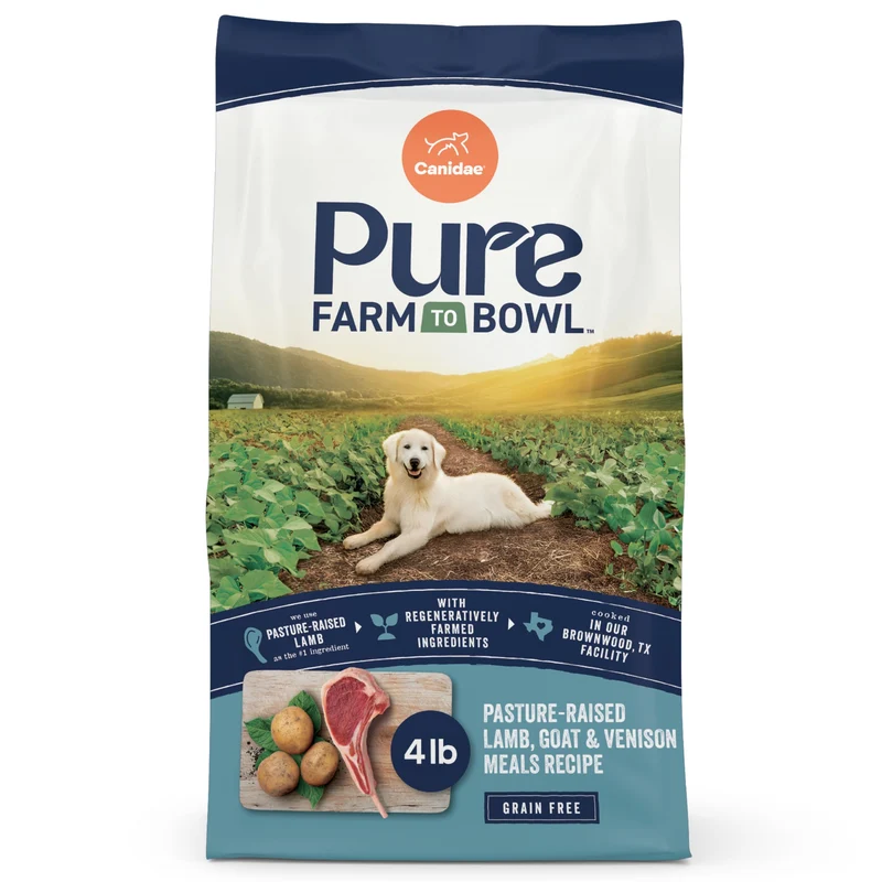 CANIDAE Pure Farm to Bowl – Agneau élevé en pâturage, chèvre et venaison, sans céréales, croquettes pour chien adulte 1,8 kg