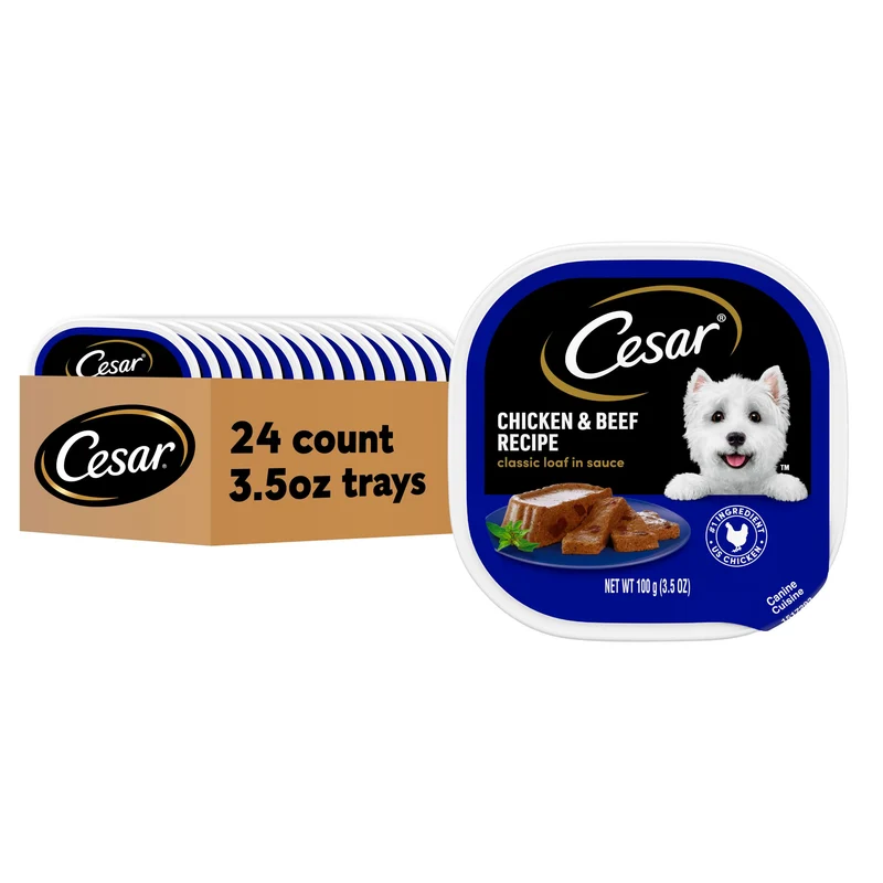 Cesar Classic Loaf en Sauce – Pâtée humide pour chiens adultes (Poulet et Boeuf), Barquettes 3,5 oz, 24 unités