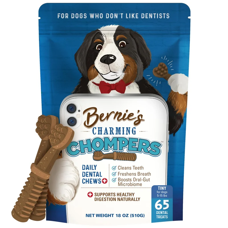 Bernie's Charming Chompers – Friandises dentaires quotidiennes pour chiens 5-15 lb, 65 unités
