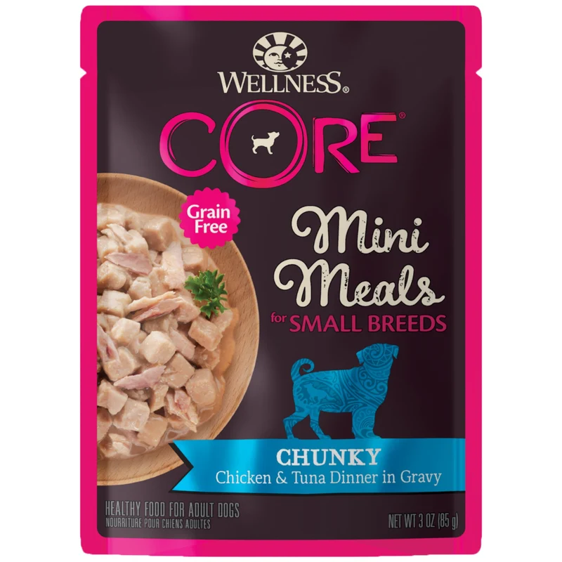 Wellness CORE – Repas Humide Sans Céréales pour Petit Chien, Dîner Poulet & Thon en Sauce, Sachets 3oz (Lot de 12)