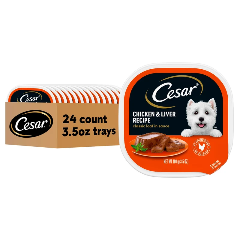 Cesar Classic Loaf en Sauce – Nourriture humide pour chien adulte au poulet et foie, 24 barquettes 3,5 oz à ouverture facile