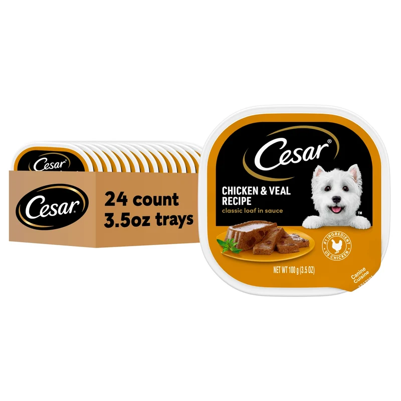 Cesar Classic Loaf en Sauce – Pâtée humide pour chiens adultes (Poulet & Veau), barquettes faciles à ouvrir, 24 x 3,5 oz
