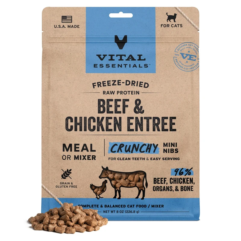 Vital Essentials Nourriture pour Chat Lyophilisée Crue – Mini Nibs Boeuf & Poulet, 226 g
