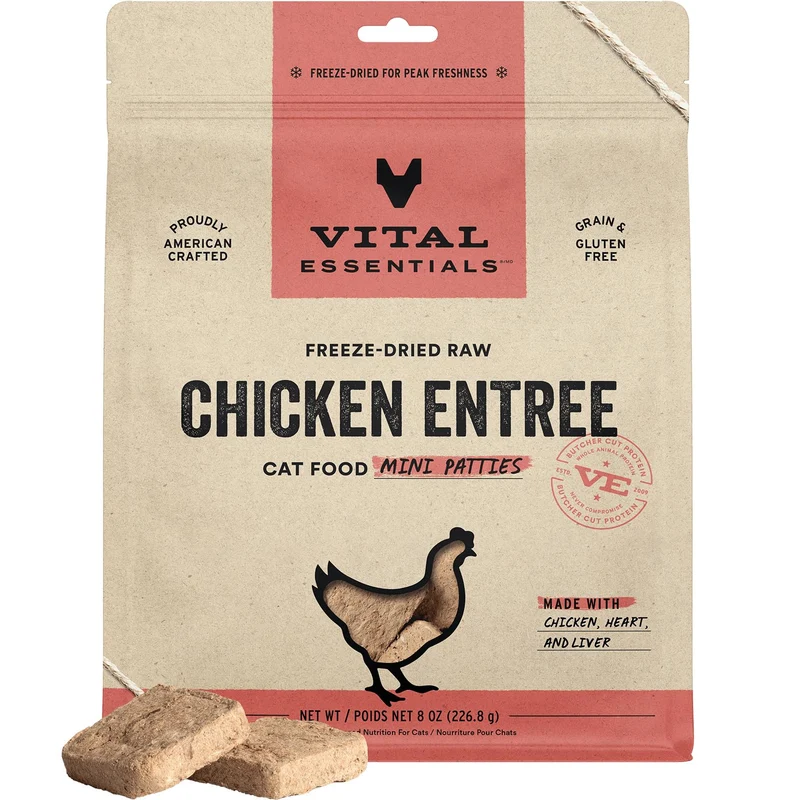 Vital Essentials – Mini Patties Poulet Lyophilisées pour Chat | Repas Complet ou Topping | Sans Céréales, Protéines Élevées | Sac 8 oz