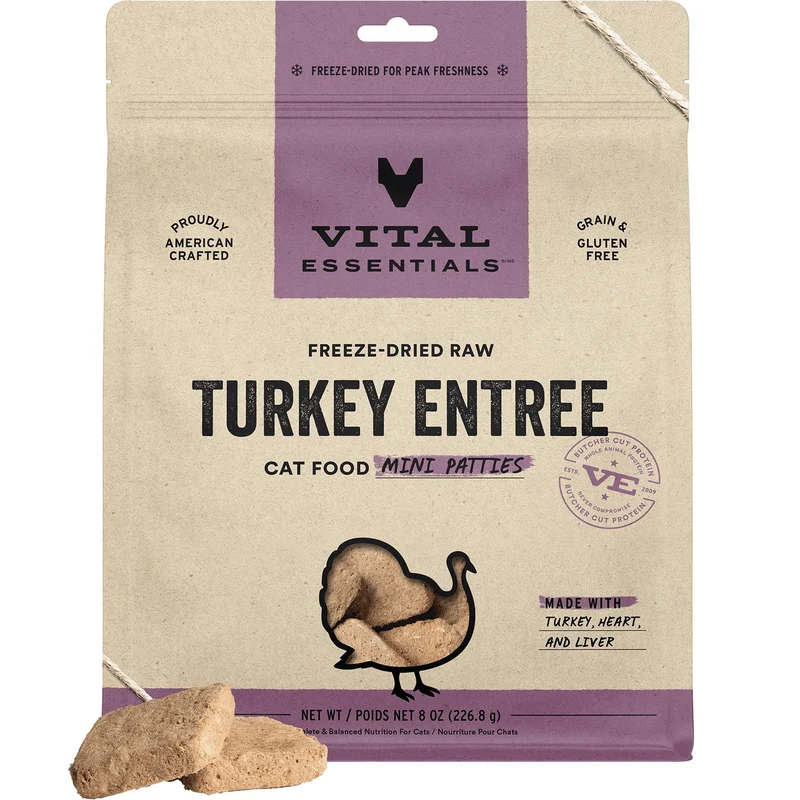 Vital Essentials - Aliments pour chat lyophilisés à la dinde | Mini patties crus, repas complet ou topping | Facile à portionner et réhydrater | Haute protéine, sans céréales | Sachet 227 g (8 oz)