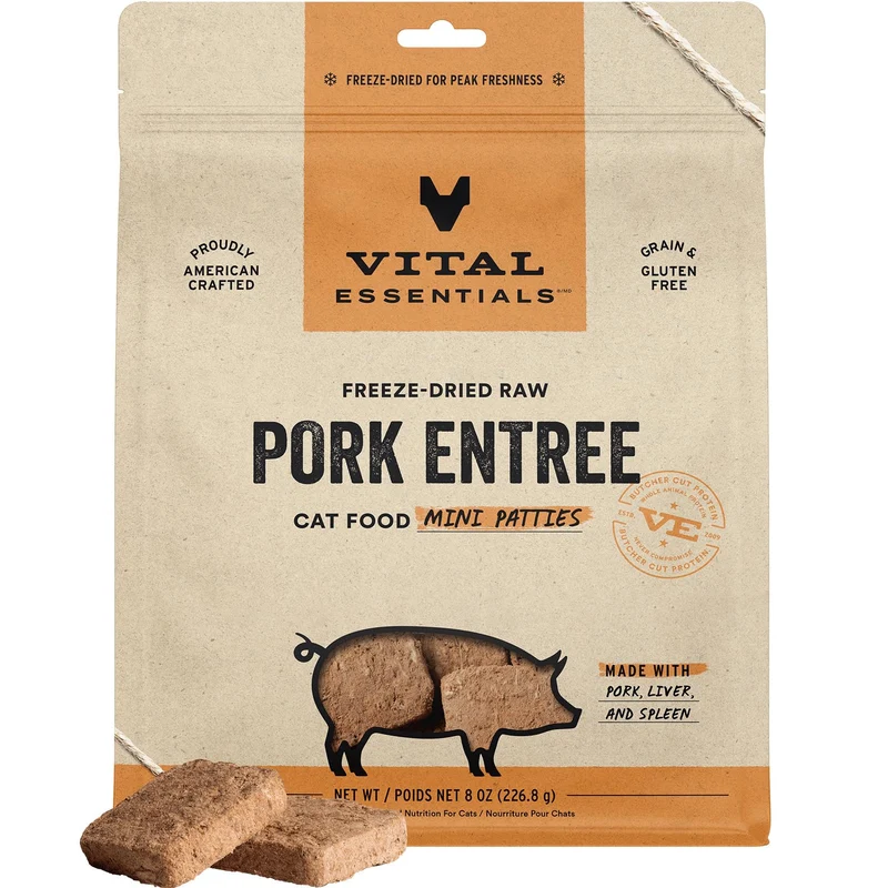 Vital Essentials Galettes Porc Mini Lyophilisées pour Chat | Repas Complet ou Topping, 226 g