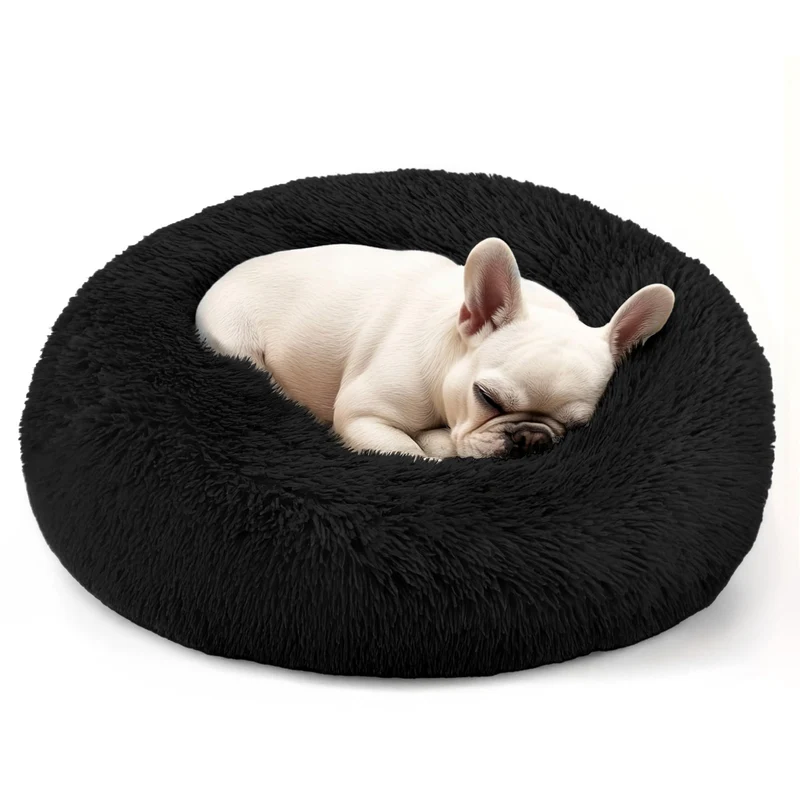 Hoewina – Lit Donut Lavable pour Petits Chiens et Chats, Anti-Anxiété, Rond Noir 24×24×8 po