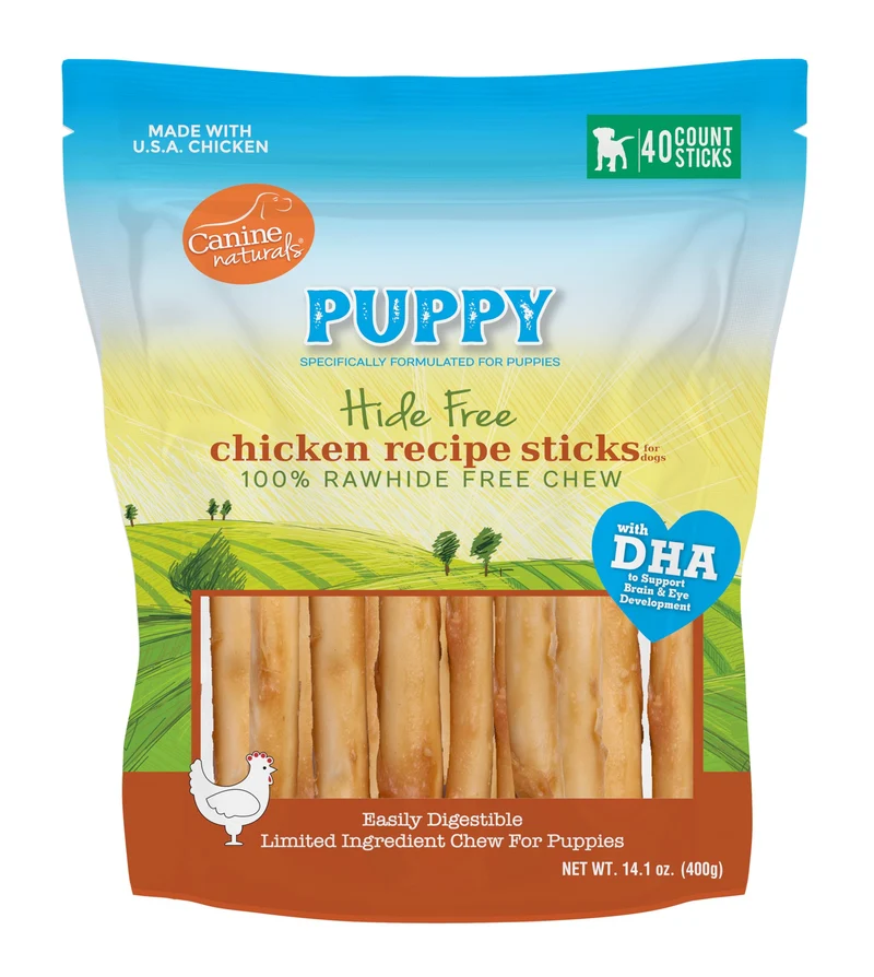 Canine Naturals Puppy – Bâtonnets Poulet et Riz Sans Cuir, 40 sticks de 5 pouces