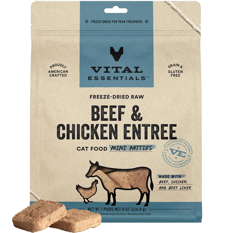 Vital Essentials Nourriture pour chat lyophilisée – bouchées mini boeuf et poulet, repas complet ou garniture, 226 g