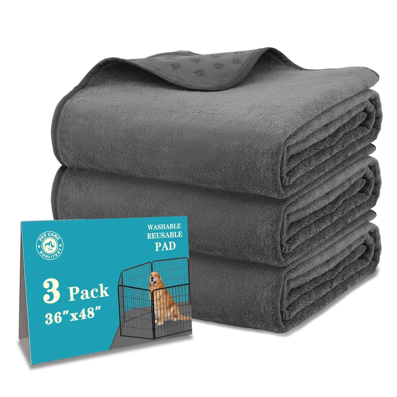 Bunlitent Tapis Lavable pour Chiens — 3 Lots, 36x48 po, Gris | Absorption Rapide, Imperméable, Antidérapant
