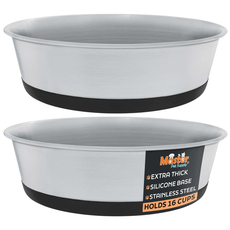 Master Pet Supply - Bols en acier inoxydable 2 pièces, base silicone antidérapante, 16 tasses (128 oz), noir velours