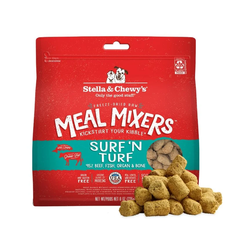 Stella & Chewy's Surf et Terre – Mélanges crus lyophilisés pour chiens – 95% bœuf nourri à l’herbe et saumon sauvage – Sans céréales – 8 oz