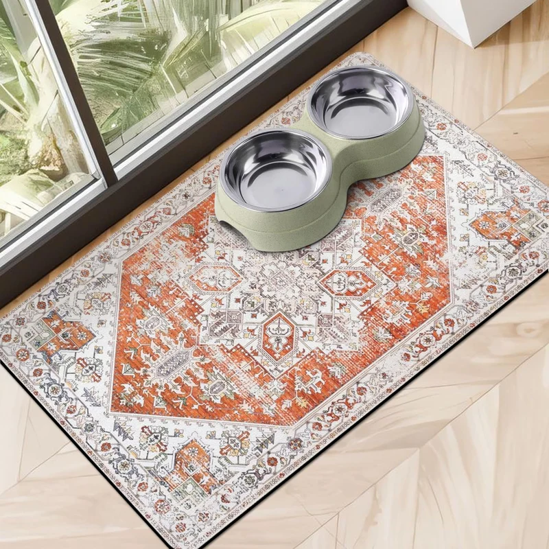 Cuslnox – Tapis alimentaire pour chiens et chats, absorption rapide, anti-glisse, protection du sol, 16 po x 24 po, Orange Vintage