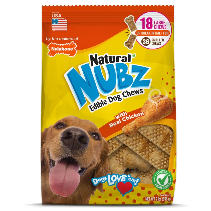 Nylabone Nubz – Friandises naturelles à mâcher pour grands chiens (18 bouchées), goût poulet, fabriqué aux États‑Unis