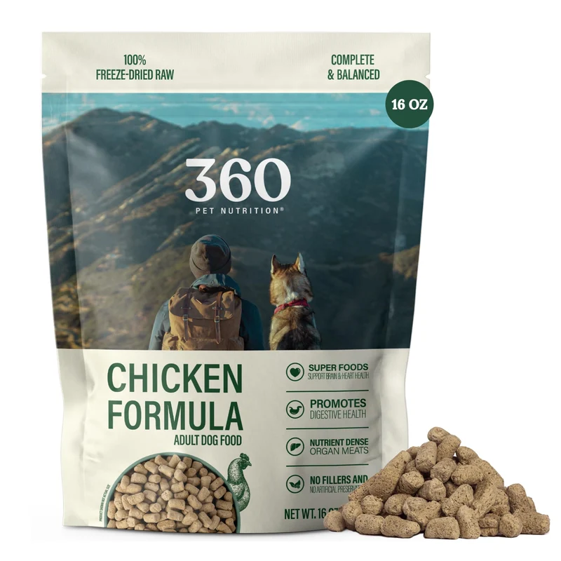 360 Pet Nutrition Nourriture crue lyophilisée pour chien au poulet, foie et organes – 1 lb, sans céréales, fabriqué aux États‑Unis