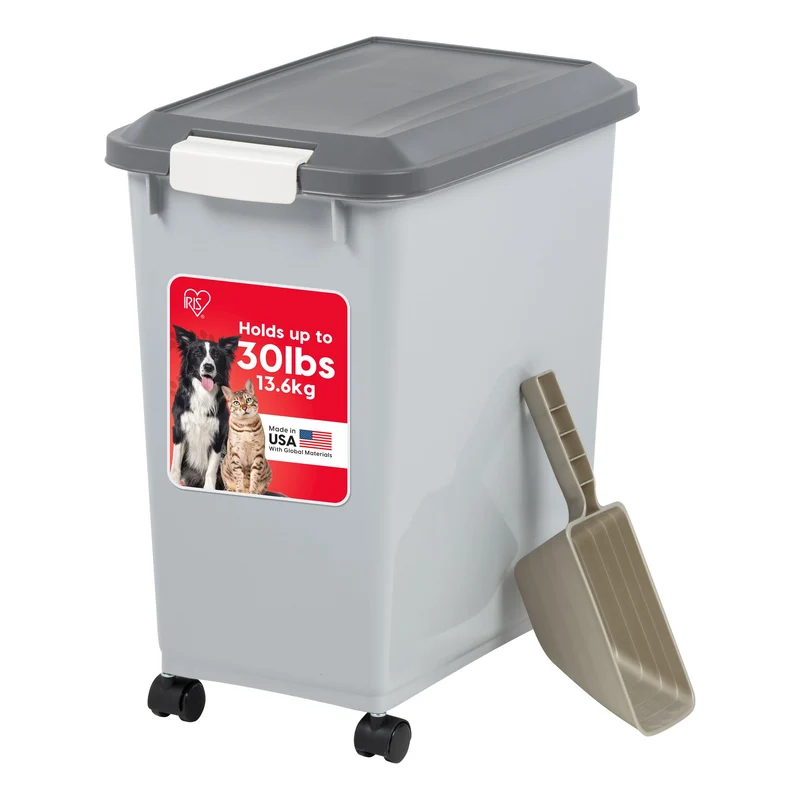 IRIS USA Conteneur Alimentation Animaux avec Roues – Étanche, 30 lb, Doseur 2 tasses, Sans BPA, Gris